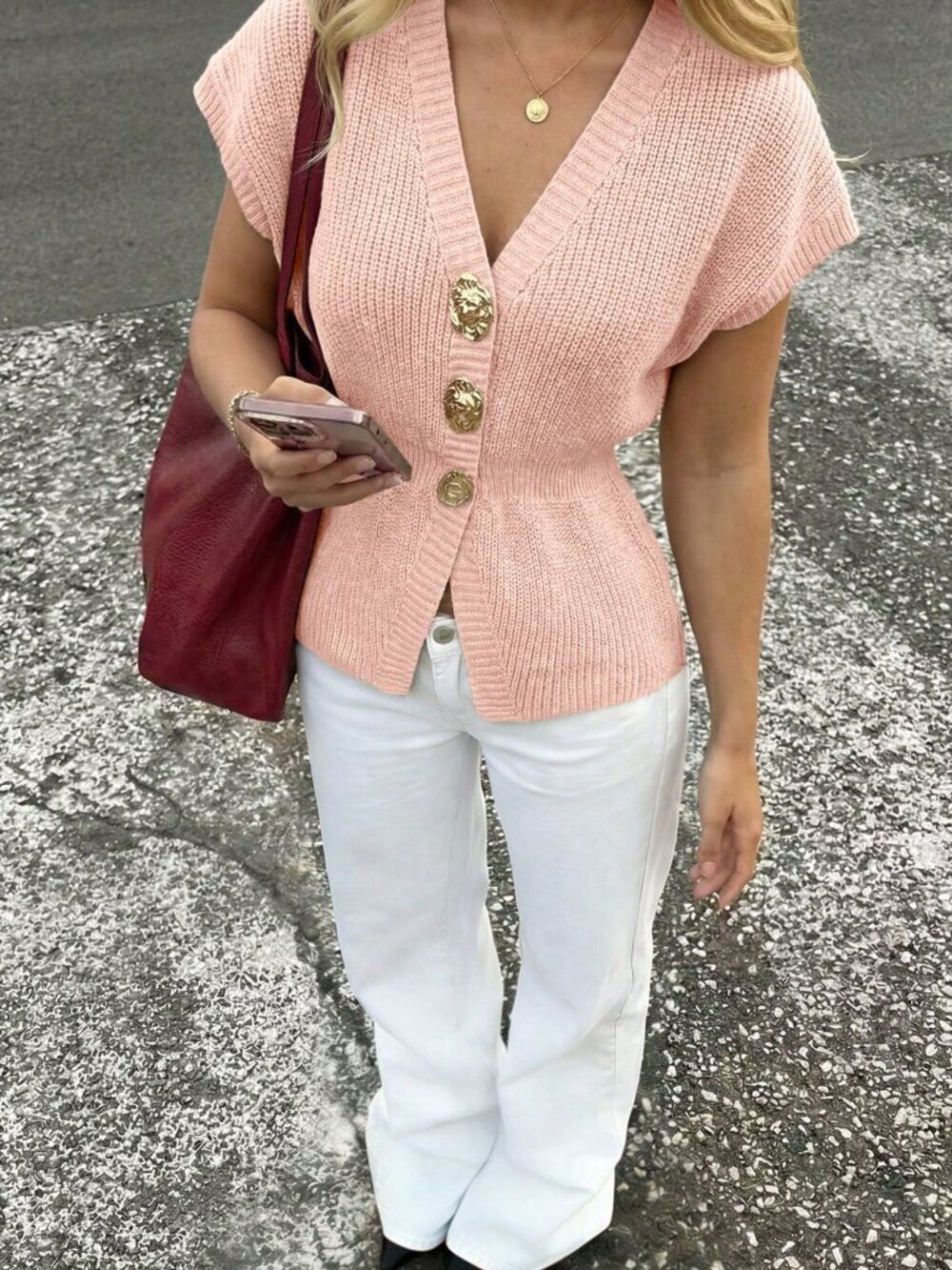 Pink Casual Women's V-Neck Short Sleeve Knit Blouse